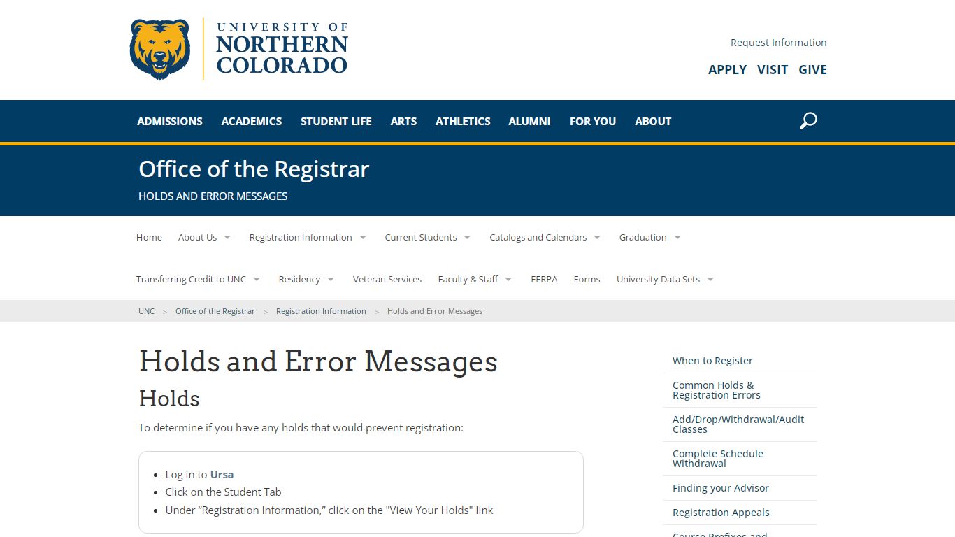 Holds and Error Messages - Office of the Registrar